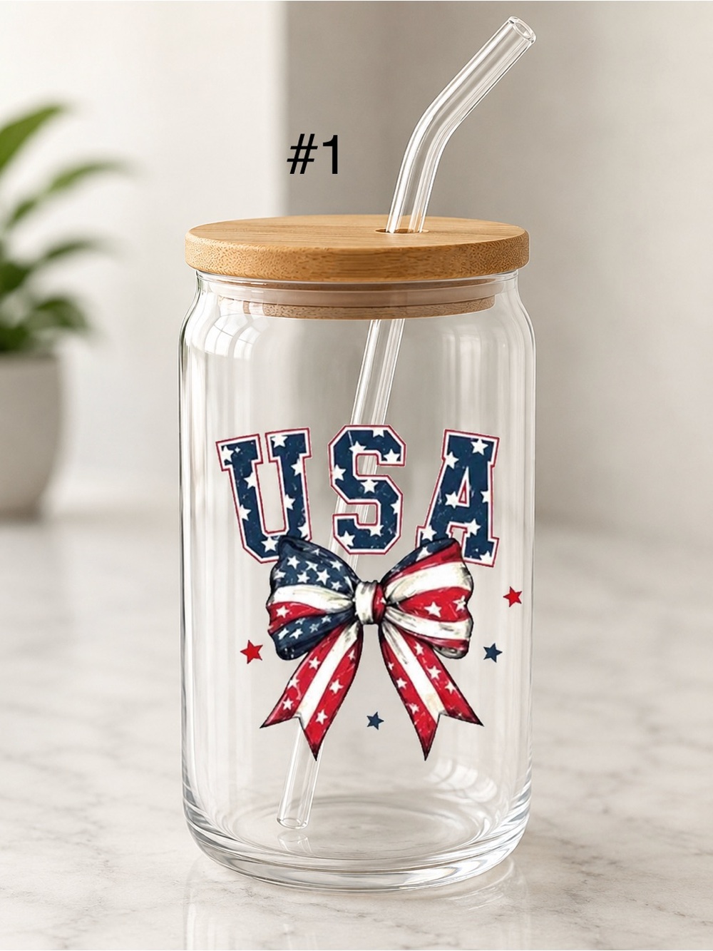 Buy Now* patriotic 16 ounce glass tumbler with glass straw and bamboo lid